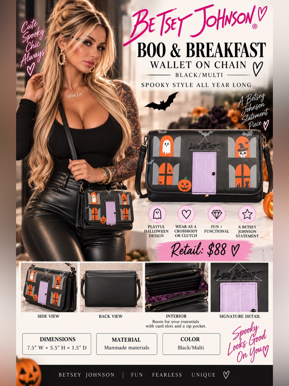 Betsey Johnson Black Multi 'Boo & Breakfast' Crossbody Wallet ( Halloween 🎃 2026